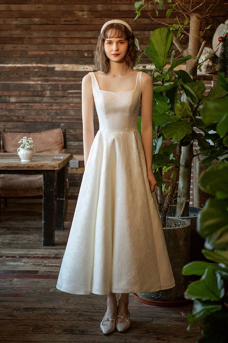 A-Line Ankle Length Jacquard Satin Wedding Dress 684433736237 - COCOMELODY